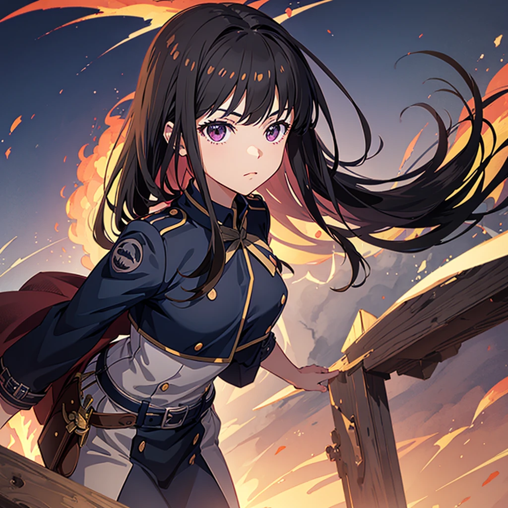 (masterpiece, best quality, detailed), 1girl, solo, looking at viewer, aatakina, long hair, black hair, breasts, edgCommissar, millitary uniform, epaulettes, ((artificial eye)), skull emblem, hat, wearing edgCommissar, world war ii, war, military vehicle, battlefield, battle, dust, smoke, burning, fire, red sky, explosion, contrapposto, expressionless, closed mouth
