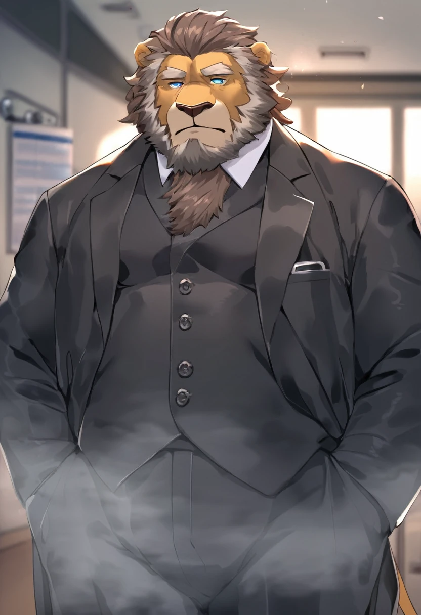 lion,personification,Mature male,Decadent strong man,Beard,Cold expression,Blue pupils,Brown eyebrows,Black suit suit,Hands in pockets,The Age of Steam,Hospital Office。