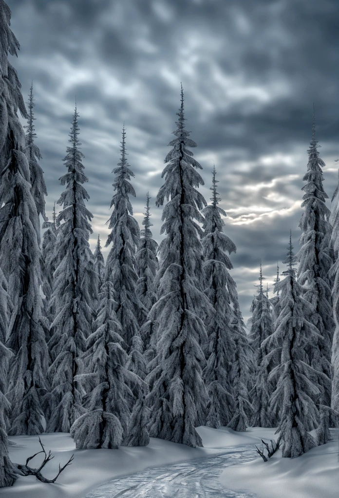 highly detailed landscape, frozen icy landscape, barren dead trees, winter scenery, desolate winter forest, dramatic lighting, moody atmosphere, cinematic composition, muted color palette, cool tones, realistic snow and ice textures, (best quality,4k,8k,highres,masterpiece:1.2),ultra-detailed,(realistic,photorealistic,photo-realistic:1.37)