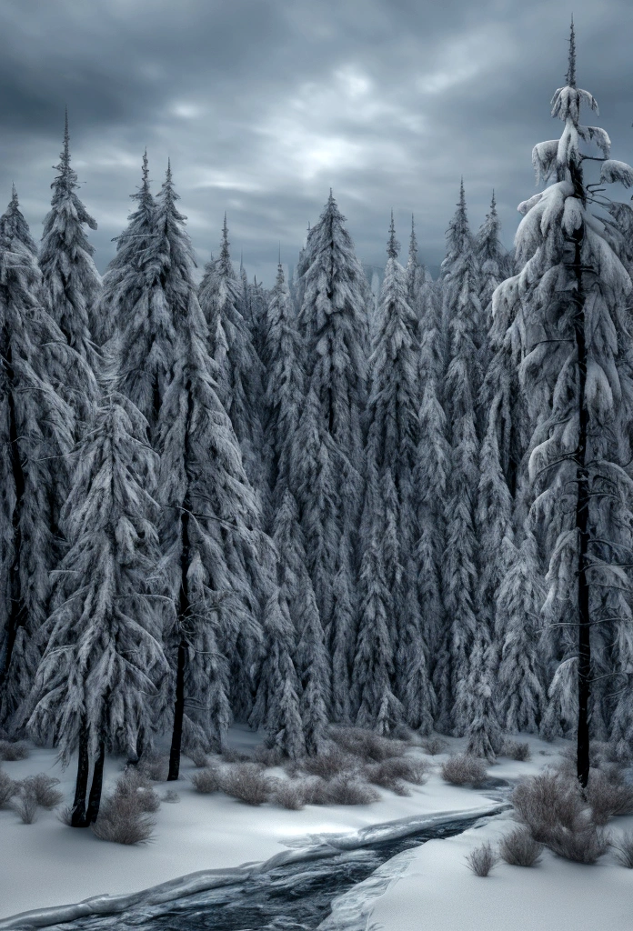 highly detailed landscape, frozen icy landscape, barren dead trees, winter scenery, desolate winter forest, dramatic lighting, moody atmosphere, cinematic composition, muted color palette, cool tones, realistic snow and ice textures, (best quality,4k,8k,highres,masterpiece:1.2),ultra-detailed,(realistic,photorealistic,photo-realistic:1.37)