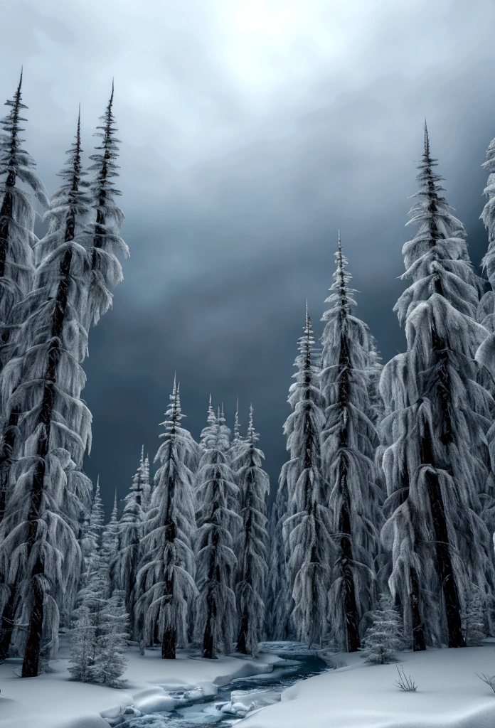highly detailed landscape, frozen icy landscape, barren dead trees, winter scenery, desolate winter forest, dramatic lighting, moody atmosphere, cinematic composition, muted color palette, cool tones, realistic snow and ice textures, (best quality,4k,8k,highres,masterpiece:1.2),ultra-detailed,(realistic,photorealistic,photo-realistic:1.37)