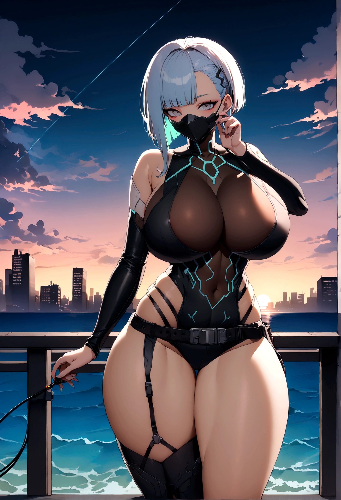 this \(cyberpunk\), 1 girl, arm up, asymmetrical hair, belt, mono, (big breasts:1.3), wide thighs, covered mouth, Covered navel, separate sleeves, grey eyes, hip vent, looking at the viewer, evening, evening sky, if, short hair, sky, Alone, by white, cable, short Bermuda, Bermuda, open jacket,

info
