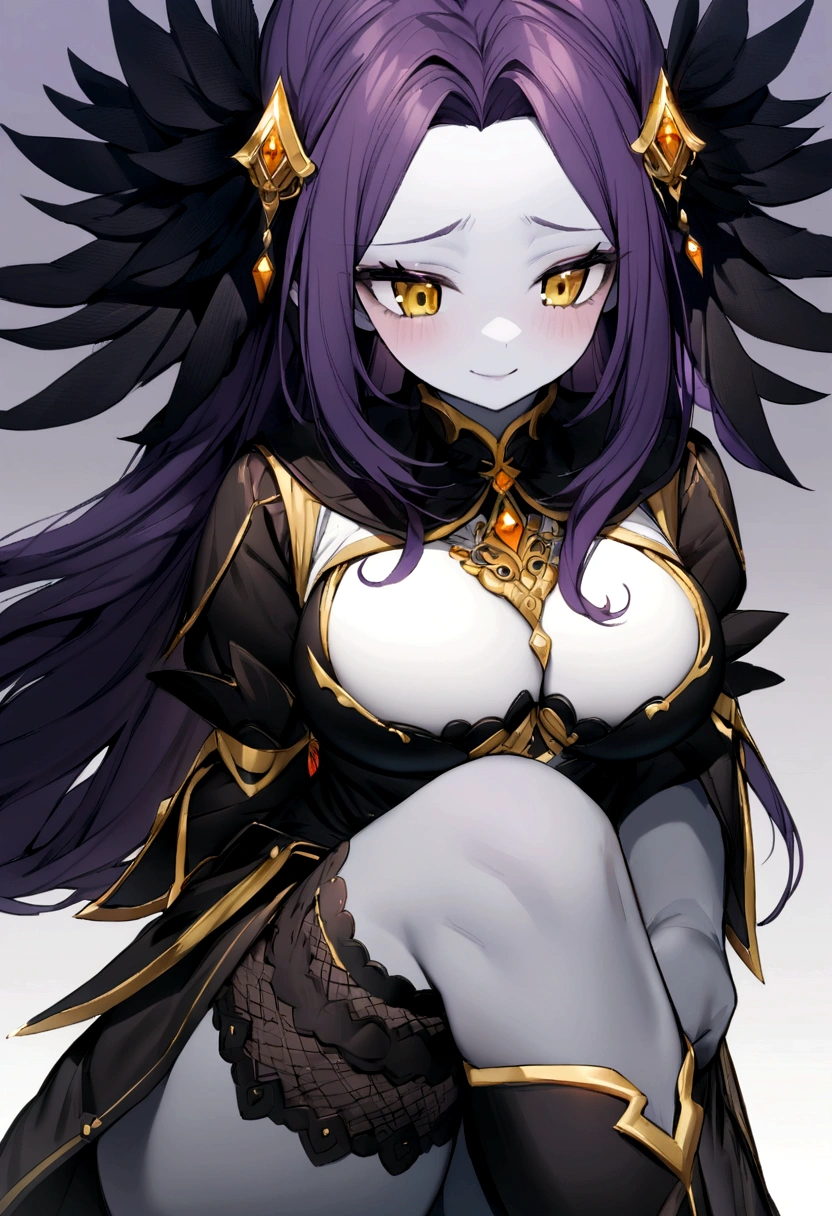 Girl with grey skin and long dark purple hair and Yellow eyes wearing a black,dark purple,and white dress with knee high chunky black boots,with a shy smile,busty