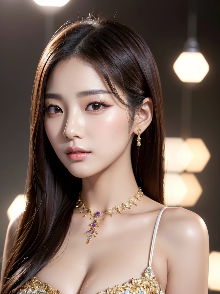 a beautiful young korean idol woman, 1girl, extremely detailed eyes, long eyelashes, beautiful detailed lips, flawless skin, elegant expression, intricate jewelry, detailed clothing, cleavage, small breasts, (best quality,4K,8K,highres,masterpiece:1.2),ultra-detailed,(realistic,photorealistic,photo-realistic:1.37),studio lighting,HDR,vivid colors,professional photography