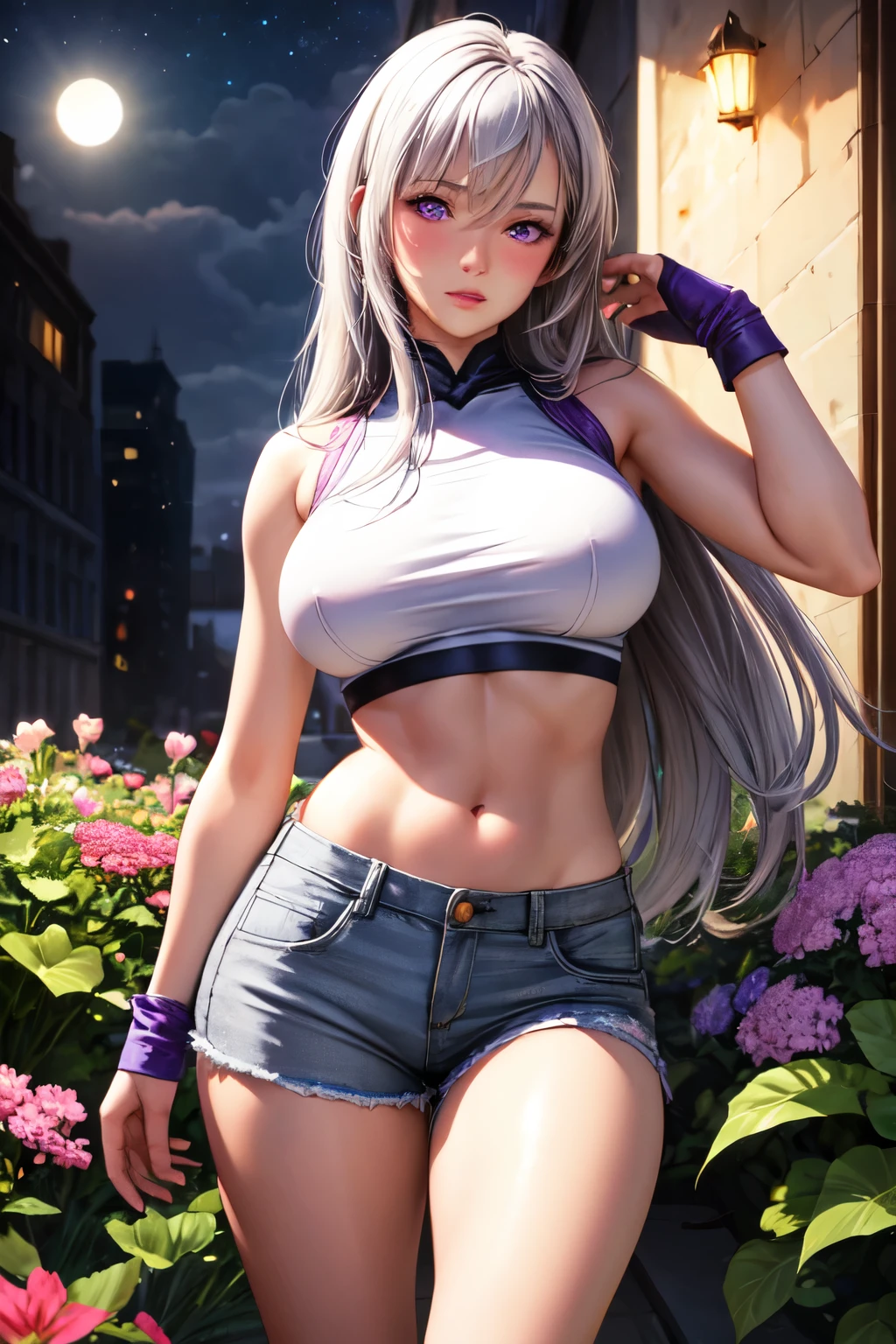 Realistic, One girl, Gray Hair, Purple eyes, Glowing Eyes, Crop top tucked up, Scanty, Part your lips, blush, night, Flowers, sun, sunlight,Big Breasts