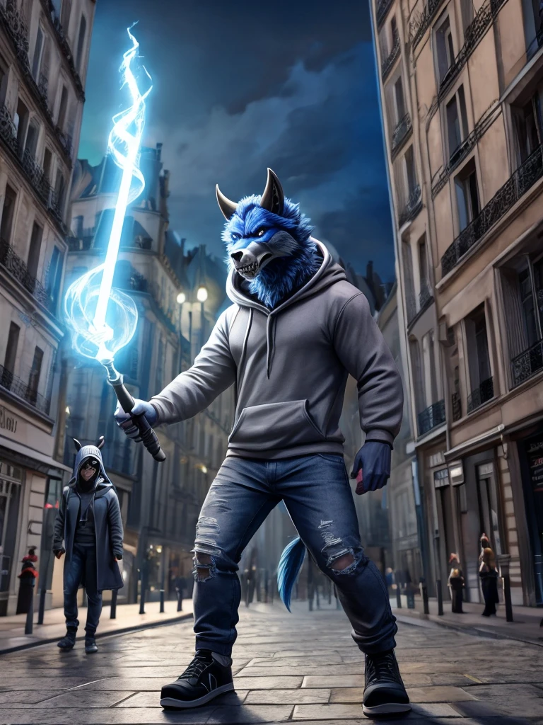 A male werewolf man with Dark Blue fur wearing a skull hoodie, wearing gray jeans that is gray in coloring with goat horn sticking out of his head with a long magic wand standing in front of Paris