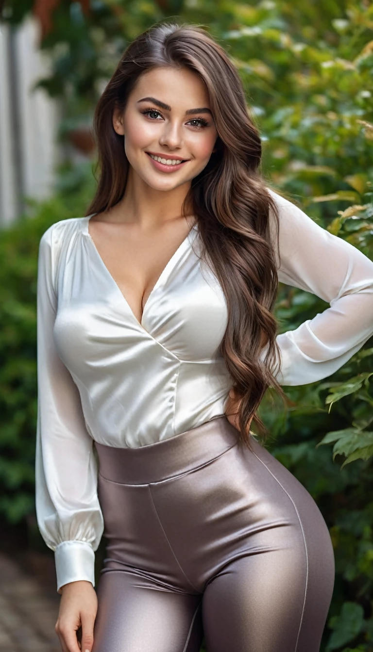 ultrarealistic high quality full body photo of a beautiful busty slim european 25-year-old woman with cute hyperdetailed shy face and natural dark brown ultra long hair and shy smile , realistic round hazel eyes, natural lips, dark eye makeup with eyeliner, wearing ultra shiny metallic leggins and white satin blouse, hourglass body, outdoor photography, view from behind