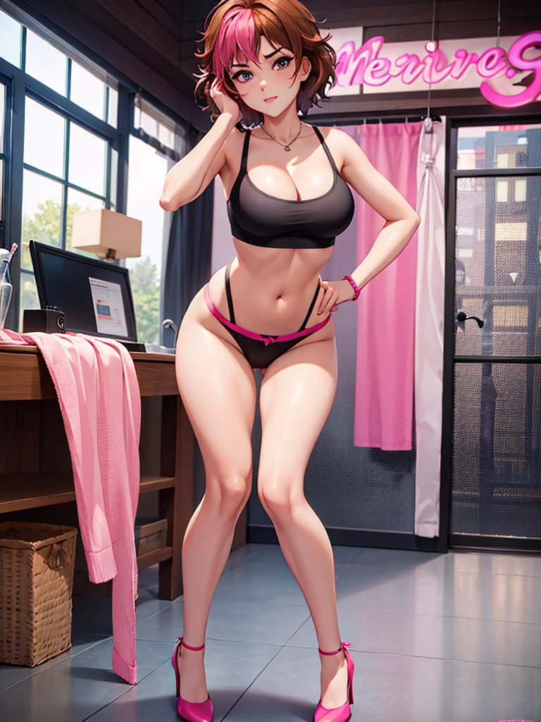 merula, sexy pose, pink high heels, sexy black sport bra, sexy pink sport panties, full body, thighs