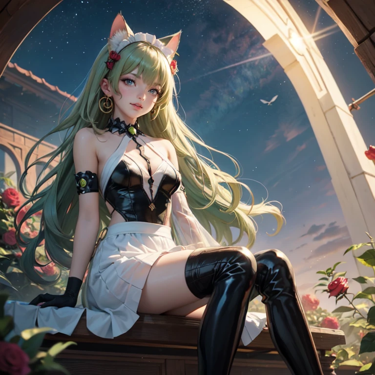 1girl, white maid dress, jewelry, green hair, flowing hair, long hair, white roses, firefly, oriental architecture, maid dress with a short skirt and layers, white laces, white boots, white dress with transparency, gold details on her clothes, cat ears, animal ears, outside, outdoor, seat on the water, meteor falling in the sky, white roses, grass flowers, more details, perfectly body, perfectly hands, two hands, two legs, two arms, five fingers, glowing hair, best quality, cat ears, animal ears, tail ornament, tail bow, white gloves, two cat tail, white gloves, alone, maid headdress, choker, garden scenery, detached sleeves, maid dress, maid white dress, strapless, masterpeice, best quality, detailed face, night, mobius (honkai impact), honkai (series), honkai impact 3rd, asymmetrical gloves, bangs, white short skirt , white gloves, white boots, earrings, elbow gloves, fishnet thighhighs, fishmasterpeice, solo, best quality, detailed face, gloves, green eyes, green hair, hair between eyes, jewelry, long hair, looking at viewer, single earring, sky, sleeveless, solo, thigh boots, thighhighs, tongue, tongue out, uneven gloves, sitting, cat ears, animal ears, cat tail, holding a ice cream
