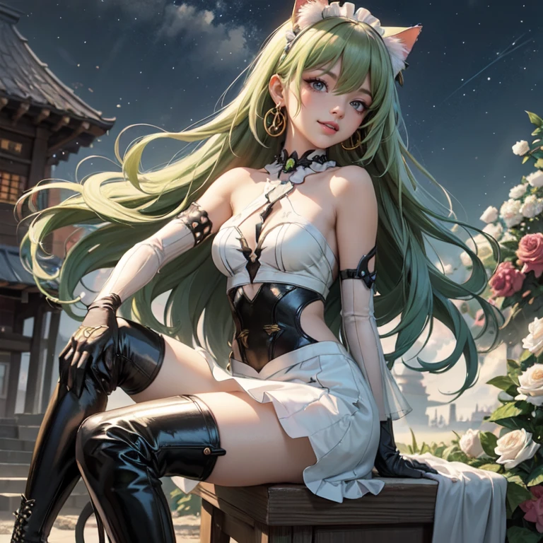 1girl, white maid dress, jewelry, green hair, flowing hair, long hair, white roses, firefly, oriental architecture, maid dress with a short skirt and layers, white laces, white boots, white dress with transparency, gold details on her clothes, cat ears, animal ears, outside, outdoor, seat on the water, meteor falling in the sky, white roses, grass flowers, more details, perfectly body, perfectly hands, two hands, two legs, two arms, five fingers, glowing hair, best quality, cat ears, animal ears, tail ornament, tail bow, white gloves, two cat tail, white gloves, alone, maid headdress, choker, garden scenery, detached sleeves, maid dress, maid white dress, strapless, masterpeice, best quality, detailed face, night, mobius (honkai impact), honkai (series), honkai impact 3rd, asymmetrical gloves, bangs, white short skirt , white gloves, white boots, earrings, elbow gloves, fishnet thighhighs, fishmasterpeice, solo, best quality, detailed face, gloves, green eyes, green hair, hair between eyes, jewelry, long hair, looking at viewer, single earring, sky, sleeveless, solo, thigh boots, thighhighs, tongue, tongue out, uneven gloves, sitting, cat ears, animal ears, cat tail, holding a ice cream