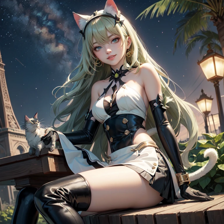 1girl, white maid dress, jewelry, green hair, flowing hair, long hair, white roses, firefly, oriental architecture, maid dress with a short skirt and layers, white laces, white boots, white dress with transparency, gold details on her clothes, cat ears, animal ears, outside, outdoor, seat on the water, meteor falling in the sky, white roses, grass flowers, more details, perfectly body, perfectly hands, two hands, two legs, two arms, five fingers, glowing hair, best quality, cat ears, animal ears, tail ornament, tail bow, white gloves, two cat tail, white gloves, alone, maid headdress, choker, garden scenery, detached sleeves, maid dress, maid white dress, strapless, masterpeice, best quality, detailed face, night, mobius (honkai impact), honkai (series), honkai impact 3rd, asymmetrical gloves, bangs, white short skirt , white gloves, white boots, earrings, elbow gloves, fishnet thighhighs, fishmasterpeice, solo, best quality, detailed face, gloves, green eyes, green hair, hair between eyes, jewelry, long hair, looking at viewer, single earring, sky, sleeveless, solo, thigh boots, thighhighs, tongue, tongue out, uneven gloves, sitting, cat ears, animal ears, cat tail, holding a ice cream