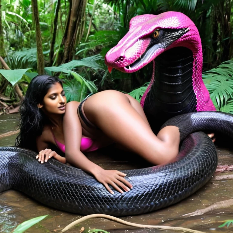 Topless pink bikini wearing aroused horny beautiful happy indian girl vs Giant black anaconda monster wrapped around her body squeezing her in coiled embrace cuddling and kissing sexual erotic bestiality sex realistic in the rainforest full body, best quality wet