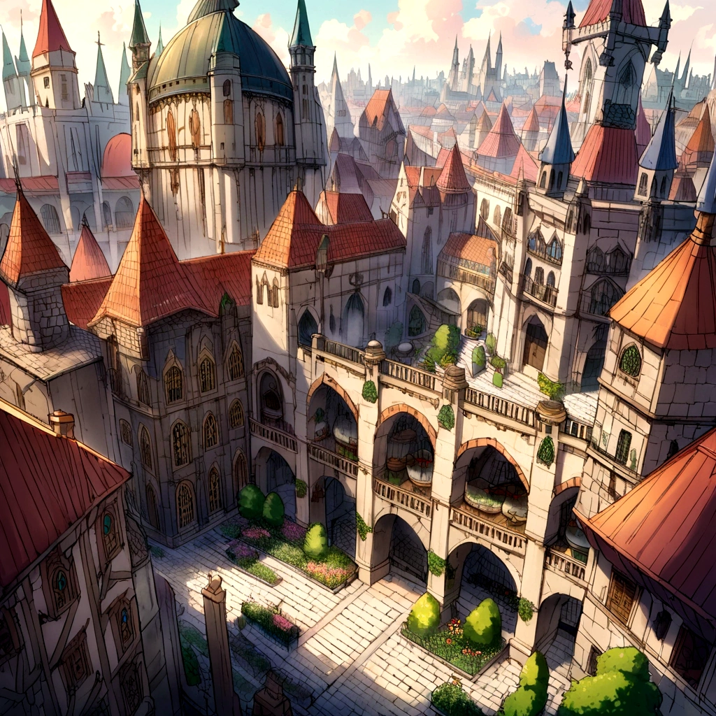 A medieval fantasy city, huge city, Beautiful city with gardens, square, beautiful architecture, A magnificent fantasy city