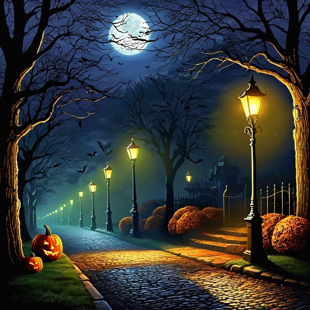 Illustrate a dark, mysterious street on Halloween night. Populate it with excited trick-or-treaters in costumes under the glow of lampposts. Shadows should hint at hidden surprises.