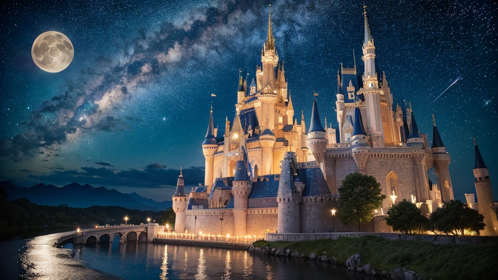 Highest quality,Fantastic landscape、Cinderella Castle、night、Starry Sky、moon