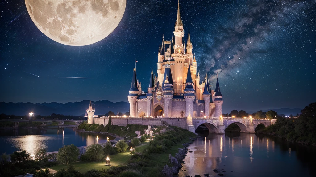 Highest quality,Fantastic landscape、Cinderella Castle、night、Starry Sky、moon