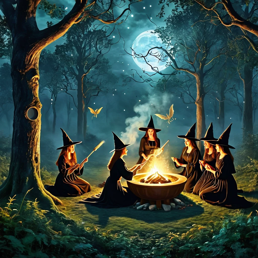 Generate a scene of a secret witches' coven performing a midnight ritual in a moonlit forest. Incorporate swirling mists and mystical symbols.
