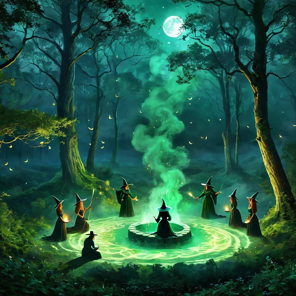Generate a scene of a secret witches' coven performing a midnight ritual in a moonlit forest. Incorporate swirling mists and mystical symbols.