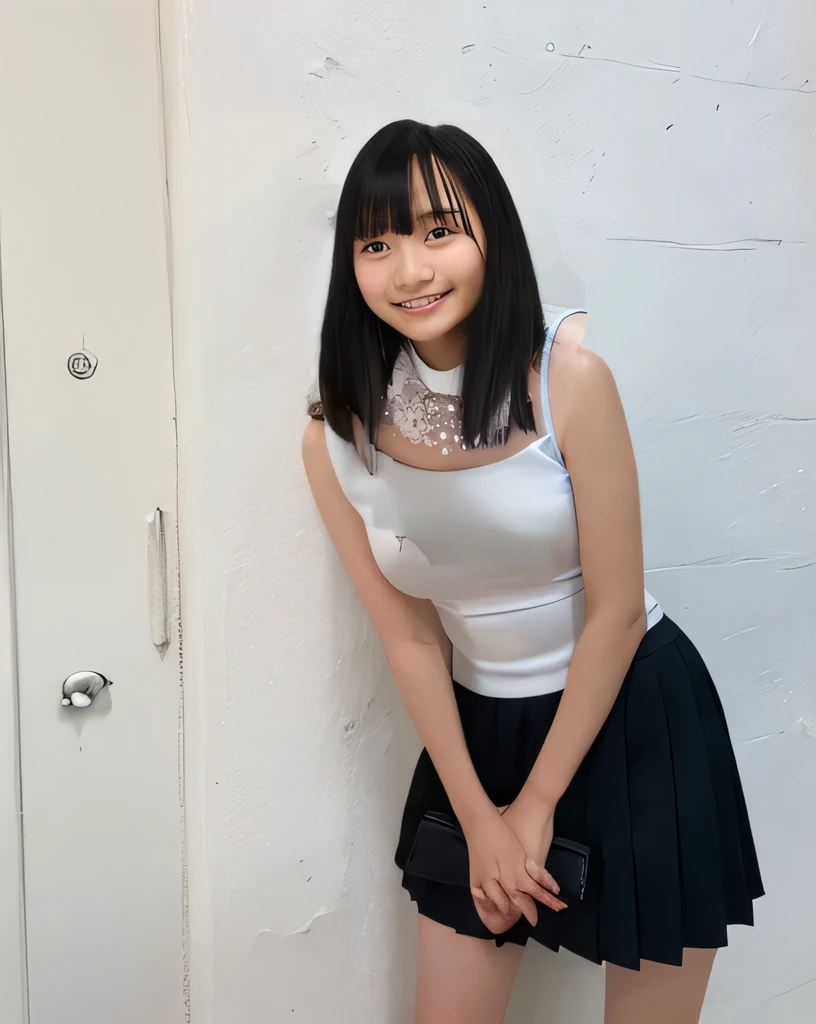 Highest quality,Super detailed,One high school girl,Turn slightly to the side and look at me,Slightly leaning forward,Holding down her skirt with both hands,Wearing a sleeveless white top,black pleated mini skirt,Posing for a photo