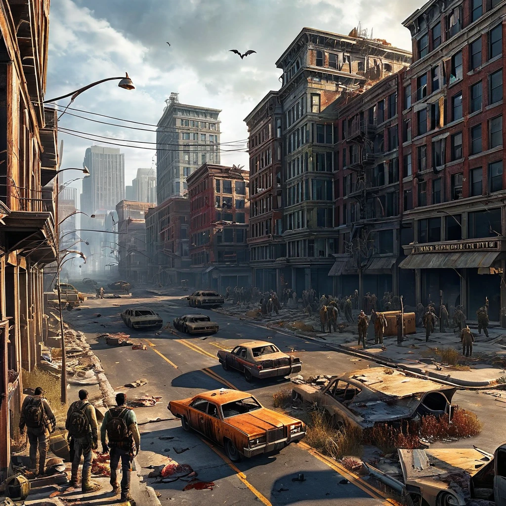 Design a post-apocalyptic city overrun by zombies on Halloween. Show decaying buildings, abandoned streets, and desperate survivors.