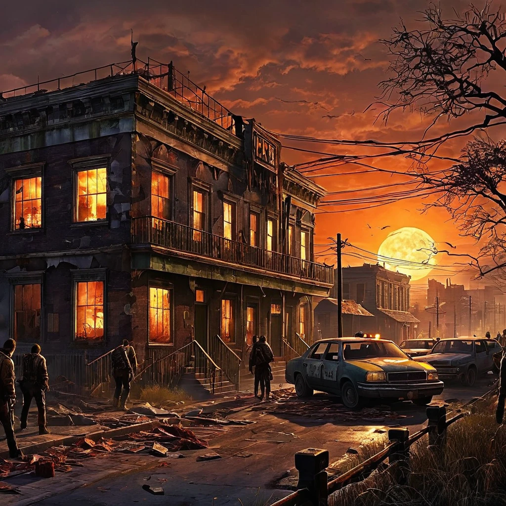 Design a post-apocalyptic city overrun by zombies on Halloween. Show decaying buildings, abandoned streets, and desperate survivors.