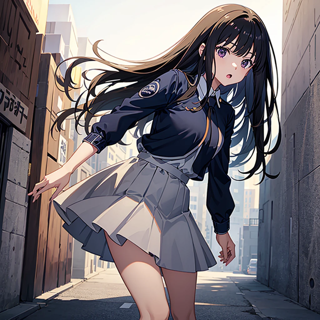 masterpiece, best quality, highres, aatakina, long hair, black hair, white shirt, necktie, skirt, street, walking, :o