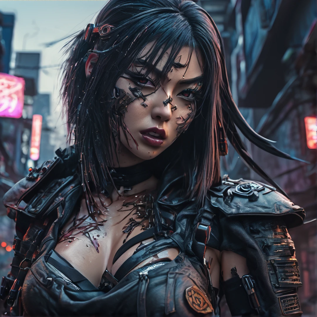 Heavy metal ninja cyber girl post-apocalyptic city, insanely detailed real scene, masterpiece quality, real color, cinematic photography, 8K, female ghoul vampire, erotic and sensual, 8k resolution🔥, Miki Asai Macro photography, close-up, hyper detailed, trending on artstation, sharp focus, studio photo, intricate details, highly detailed, by greg rutkowski