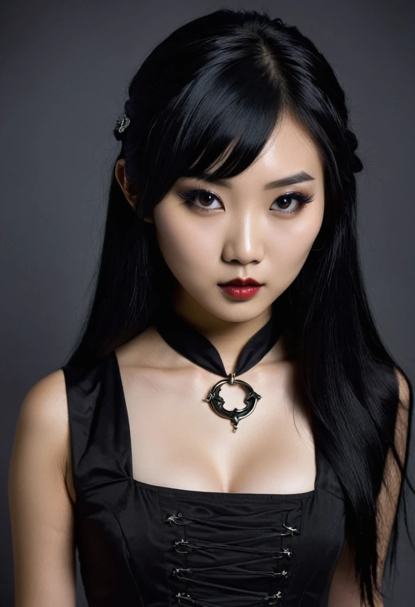 20 year old Asian woman, loose black hair, alternative costume black dress, dark gothic ambience