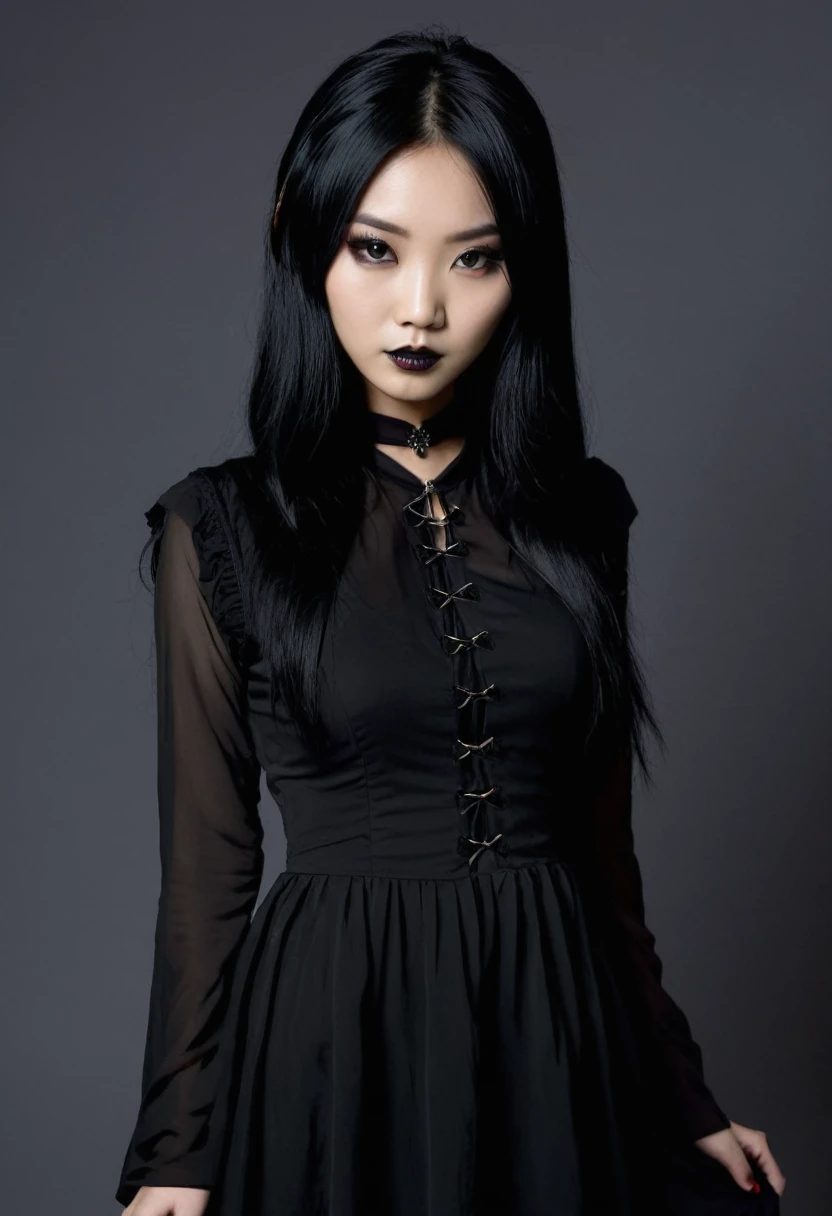 20 year old Asian woman, loose black hair, alternative costume black dress, dark gothic ambience