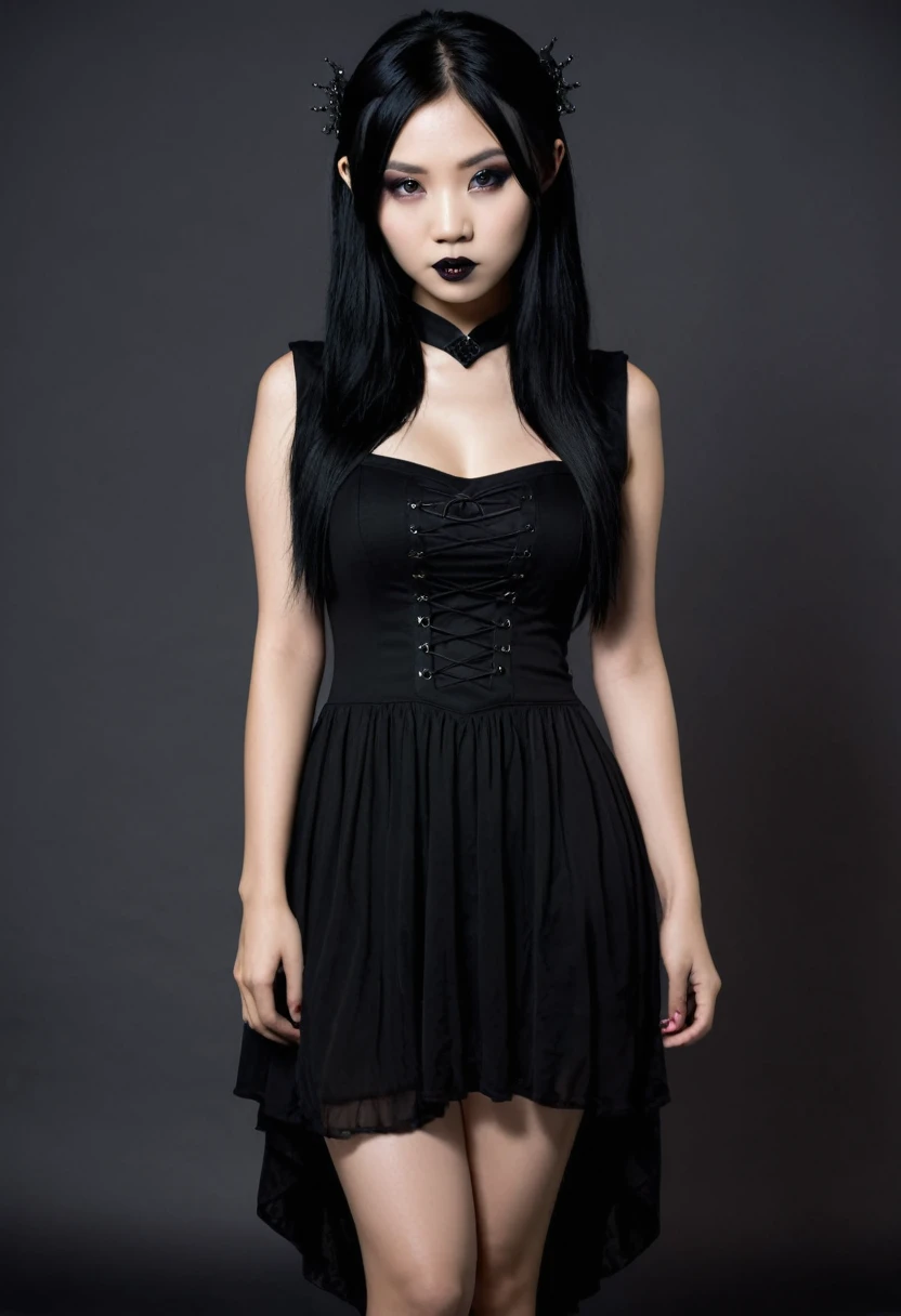 20 year old Asian woman, loose black hair, alternative costume black dress, dark gothic ambience
