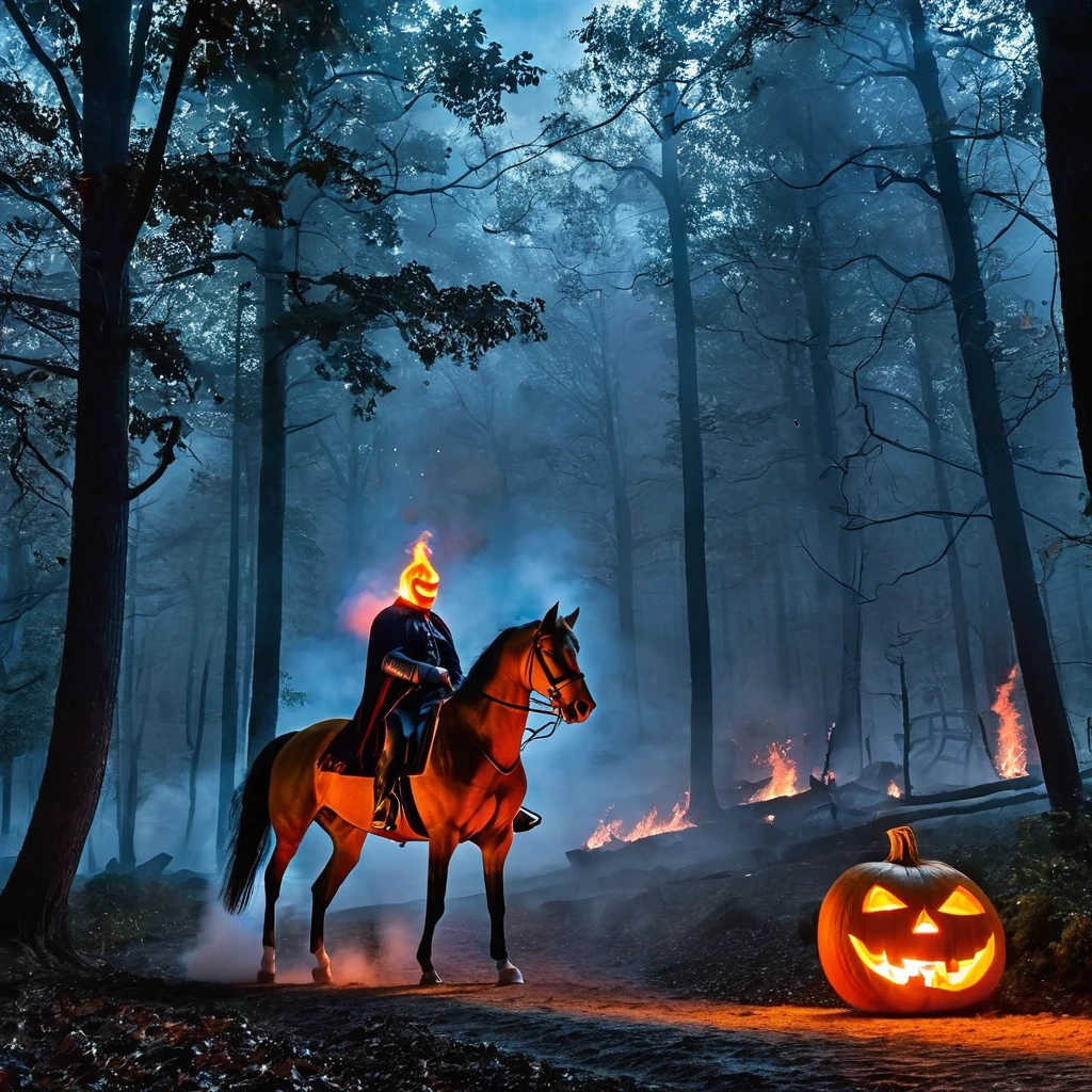 Capture the iconic moment of the Headless Horseman riding through a moonlit, foggy forest with a flaming pumpkin head