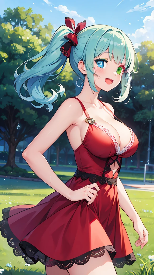 (8k, RAW photo, best quality, masterpiece, highres, absurdres, ultra detailed:1.3), (Photography, realistic, photo-realistic:1.4), (beautiful natural lighting, beautiful deatailed shadow, beautiful detailed glow :1.4),  atmospheric,

BREAK Beauty 1 Girl,Solo,(Cute:1.5),(Chibi:0.6),(kawaii:1.5),(:0.5),BREAK,(17 yl),Very detailed,colourfull,highest details,Clear skin,Beautiful skin,Shy,Very detailed,colourfull,highest details,BREAK,Clear skin,Beautiful skin,Shy skin,1 beautiful girl,(Heterochromia,blue eyes,green eyes:1.75),star eye silhouette,BREAK (pale blue hair, Medium length:1.4),(side ponytail,A little curly hair,Princess Cut, crossed bangs:1.3),,(cleavage of the breast,Big breasts,Beautiful breasts,Large breasts:1.5),(long eyelashes, Double eyelids:1.2),Solo,gleaming skin, Clear skin, Beautiful skin,(best quality face),(Top quality glowing eyes), (The best smile,:D:1.45),    

BREAK //Character

//Character
1girl,
BREAK
//Fashions 

(red frozen crystal-themed dress with intricate ice-inspired  details:1.2),(red dress adorned with abundant lace and  ribbons:1.3),(mesmerizing red dress inspired by ice crystals, creating a  magical aesthetic:1.2),(effortlessly chic hairstyle:1.4),

BREAK  landscape of Nostalgic japan streetscape, many Stretched electric wires, many Complex Electric pole, (vivid sunrise clouds:1.1), (Strong glitter Dazzling backlight:1.1), (Grass dripping with morning dew, tip of lawn enlarged, large lecture park, running with singing: 1.45), wind, wariza,


BREAK wakame,wakame,wakame,(cowboy shot,from side:1.4),

 BREAK manga illustration.media,manga style,(water color:1.15),

