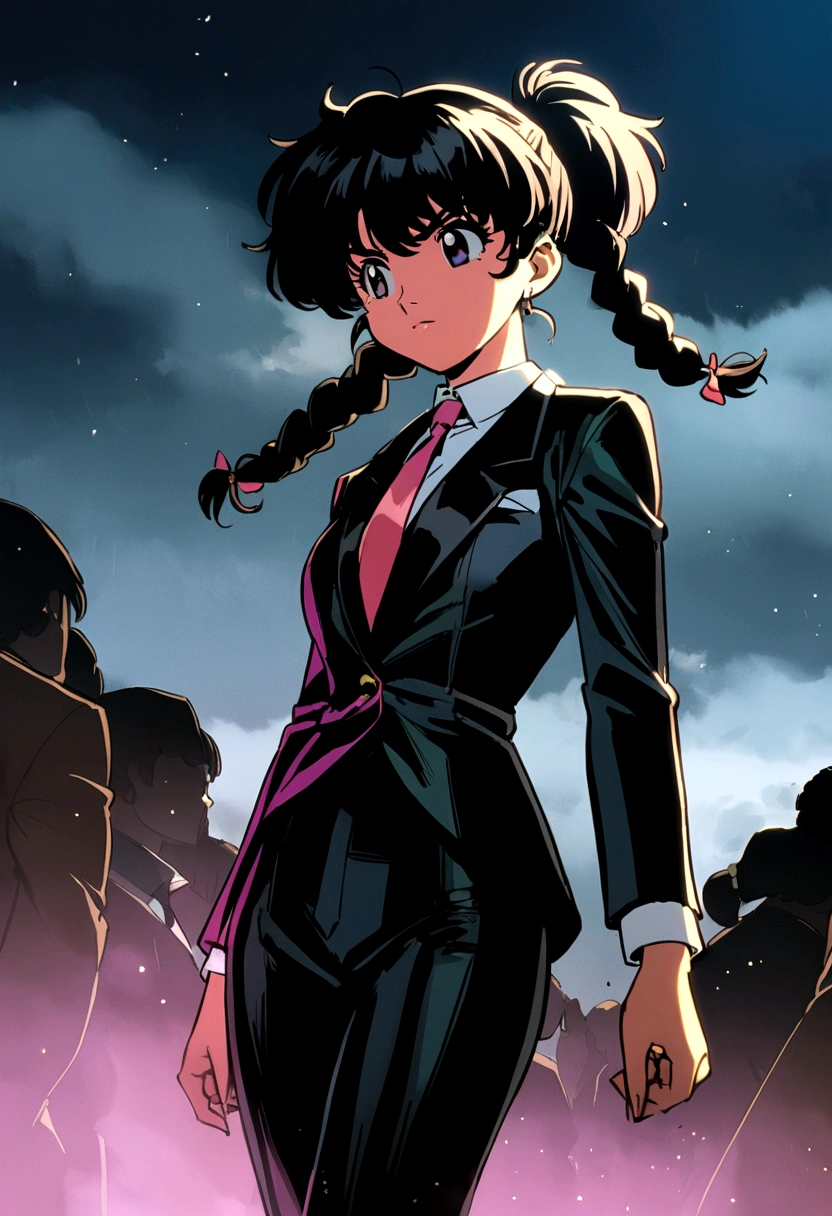 80s style anime girl, with black hair, two braids and a black gala suit with a tie