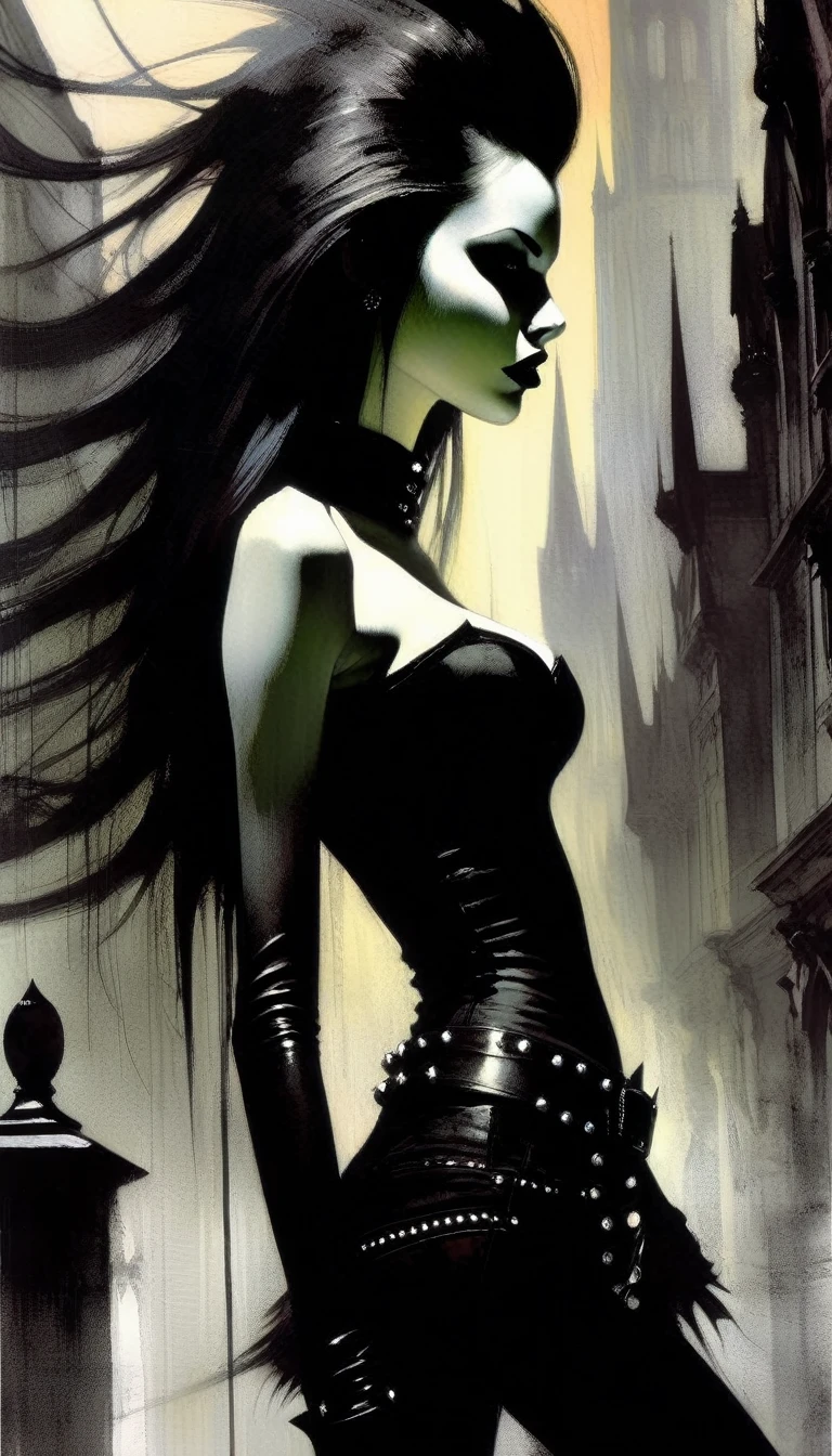 a  girl with a punk-gothic appearance and long hair, in the streets of the city of vampires:1.5 (art inspired by Bill Sienkiewicz, oil painting) black and white image
