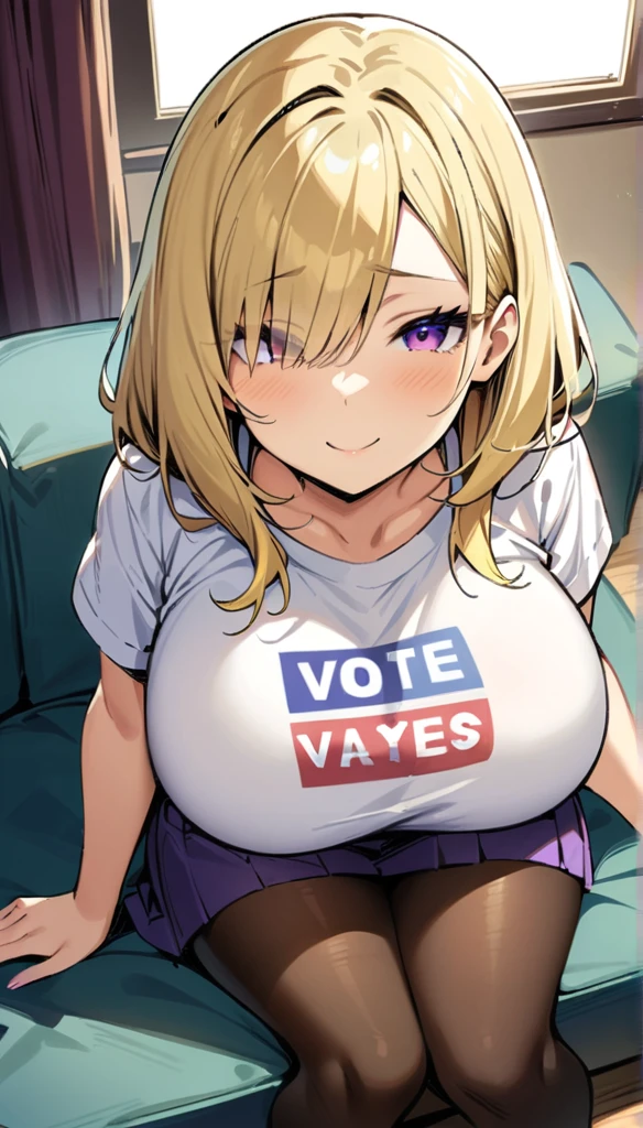((Best Quality)), ((Masterpiece)), (detailed), 1 girl, Pastel yellow hair, wide, hair covers one eye, purple eyes, big breasts, big thighs, expression smiling shy, white voting t-shirt, purple skirt, brown pantyhose, looking at the viewer, expectation arrives, sitting on the sofa,
