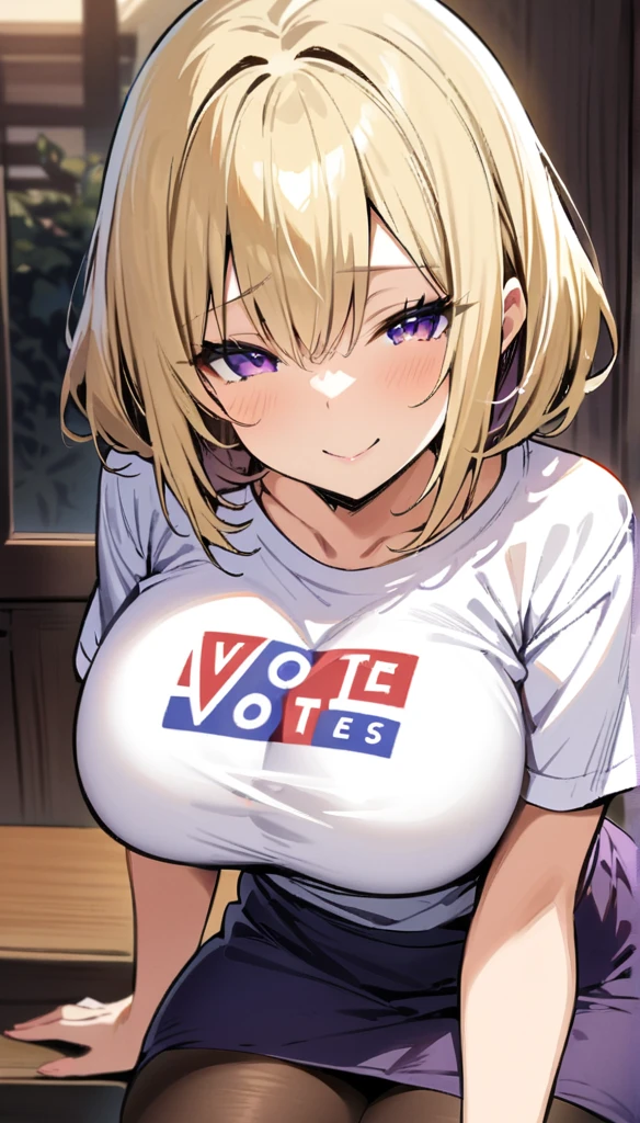 ((Best Quality)), ((Masterpiece)), (detailed), 1 girl, Pastel yellow hair, wide, hair covers one eye, purple eyes, big breasts, big thighs, expression smiling shy, white voting t-shirt, purple skirt, brown pantyhose, looking at the viewer, expectation arrives, sitting on the sofa,