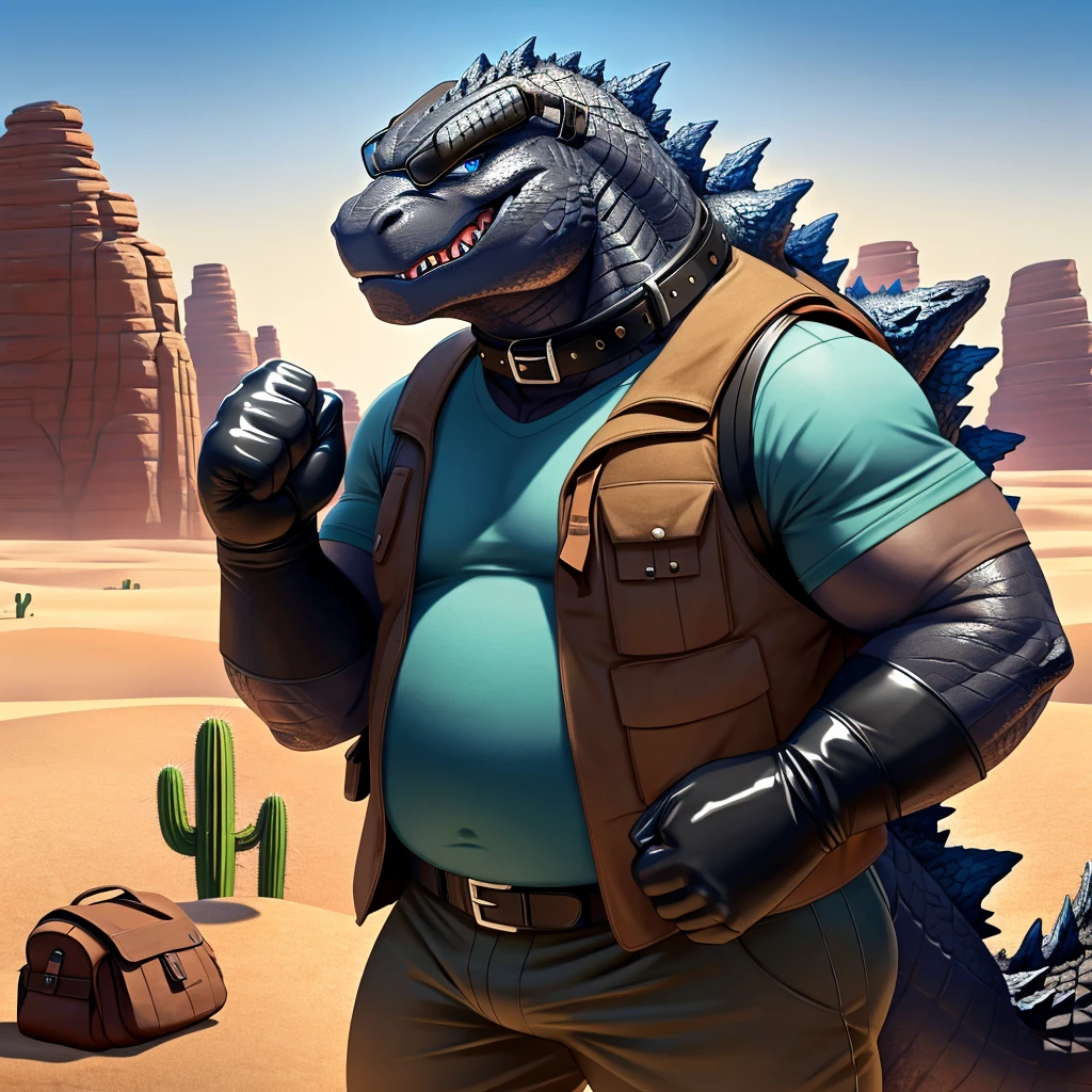 Male, fat, extremely obese, Godzilla, blue eyes, (posing:1.3), (soft shading), 4k, hi res, ((detailed face, detailed)), looking at viewer, evil grin, desert, cactus, shirt, hat, male focus, Explorer Outfit, glasses, pants, bag, vest, backpack, sleeves rolled up, round eyewear, brown headwear, brown vest, Godzilla is wearing a glossy leather dog collar around the neck, Godzilla is wearing the leather collar and shirt and vest at the same time, Godzilla is wearing glossy white rubber gloves on the hands, gloves are rubber in texture, clenching teeth, clenching fists, leather collar is glossy and shiny with a lot of detail.