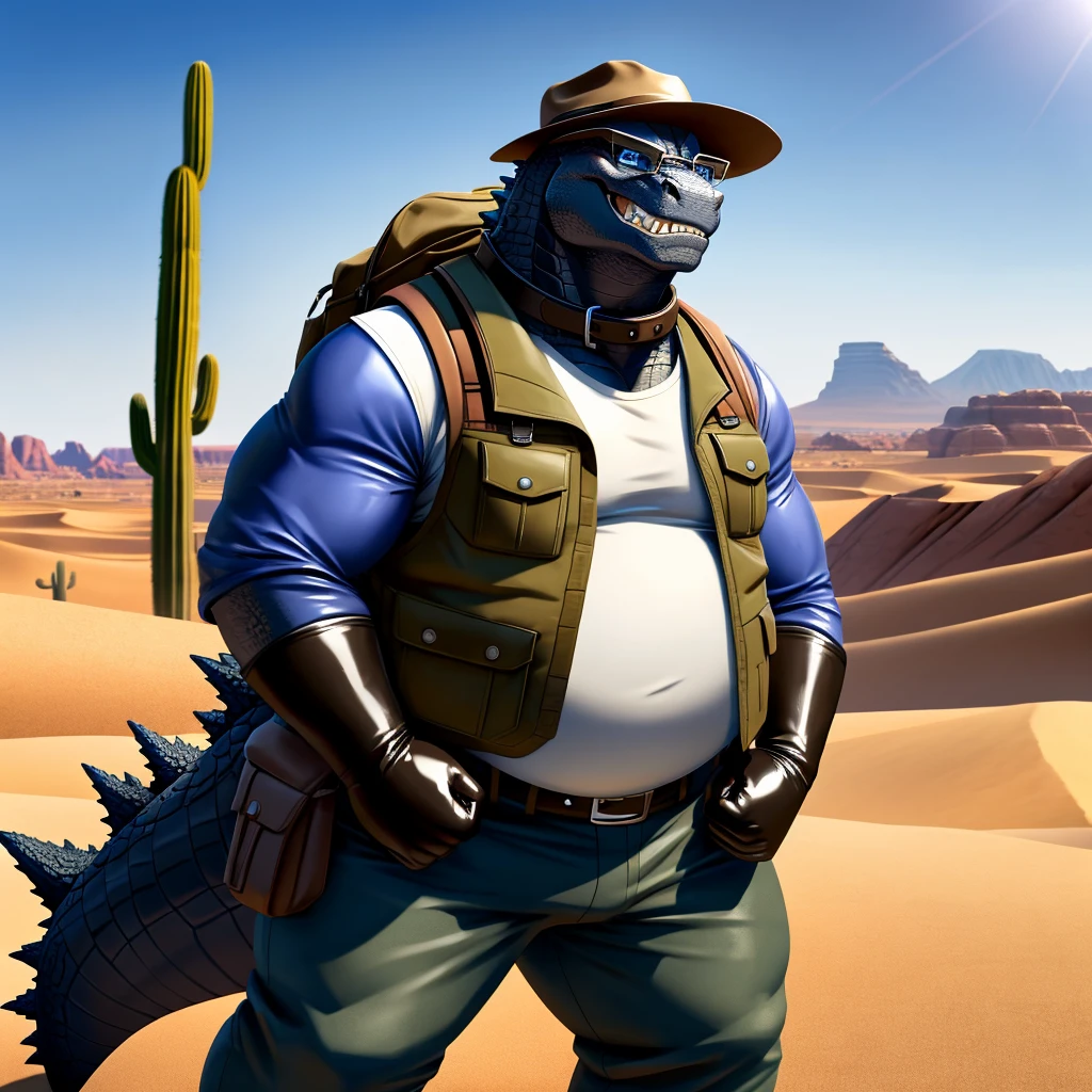 Male, fat, extremely obese, Godzilla, blue eyes, (posing:1.3), (soft shading), 4k, hi res, ((detailed face, detailed)), looking at viewer, evil grin, desert, cactus, shirt, hat, male focus, Explorer Outfit, glasses, pants, bag, vest, backpack, sleeves rolled up, round eyewear, brown headwear, brown vest, Godzilla is wearing a glossy leather dog collar around the neck, Godzilla is wearing the leather collar and shirt and vest at the same time, Godzilla is wearing glossy white rubber gloves on the hands, gloves are rubber in texture, clenching teeth, clenching fists, leather collar is glossy and shiny with a lot of detail.
