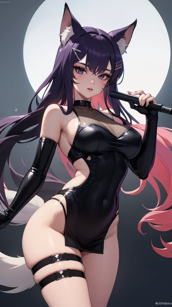 best quality,masterpiece,8k wallpaper,absurdres, highres, ultra detailed, (ung beautiful girl, solo:1.1),realistic,k/da (league of legends), solo, animal ears,gloves, fox ears, hair ornament, long hair, purple hair, purple eyes, whisker markings, fingerless gloves, pink hair,multicolored hair,official alternate costume, asymmetrical clothes, makeup, facial mark, hairclip, medium breasts, athletic body, slimskirt, thigh strap, lips, gradient hair, fox tail, single glove,fox tail, (nine-tailed fox (mythological creature):1.3),A fairytale land where magical creatures live and thrive,BREAK