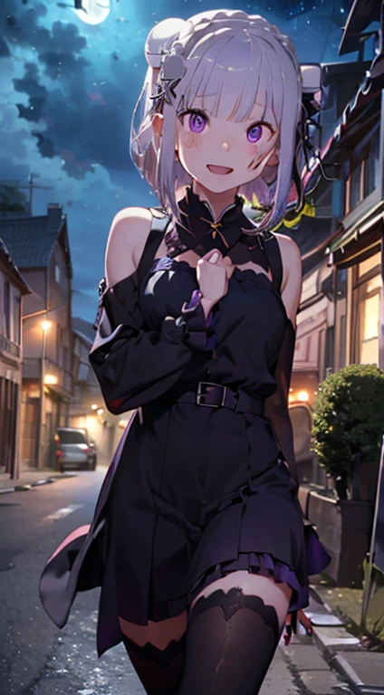 Best image quality、(((Full Body Lesbian))),Character portrait、Excellent style、Beautiful feet、Leather shoes、Dynamic Pose、, young、Gothic ta, (((Light purple hair))), Purple eyes, (mascara), Blunt bangs, ((Hair above the eyes)), Long Hair, Pink mixed hair、Mesh color pink、Medium chest, Frills, good、Black clothes、white bread cover、(((white bun hair accessory cover))),白いFrills, Black Theme, ((Black Chinese Dress)), Faithfully, (((Eye focus))), (((Laughter))), The background is blurred, Hollow Eyes, Black Theme、Displaying the viewer, (((night))), (((hair ornaments))), Neatly cut bangs