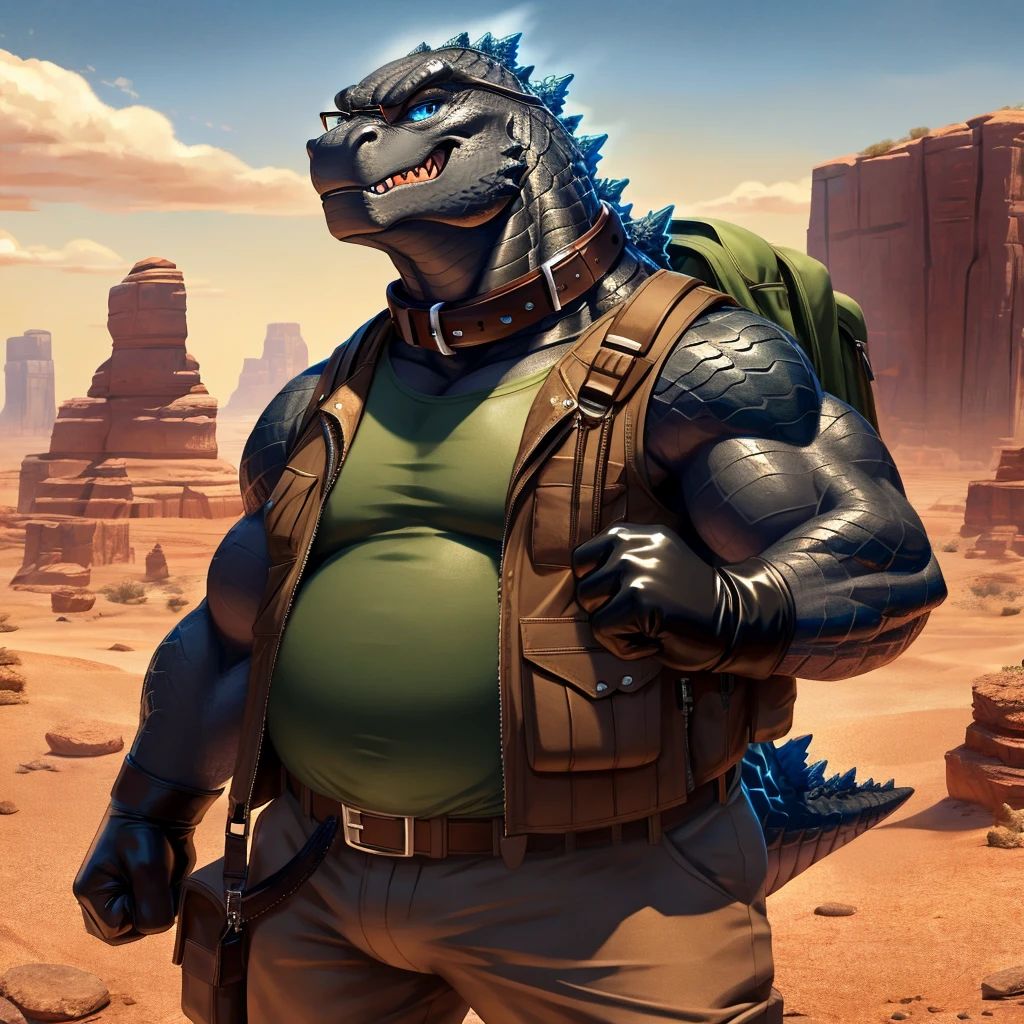 Male, fat, extremely obese, Godzilla, blue eyes, (posing:1.3), (soft shading), 4k, hi res, ((detailed face, detailed)), looking at viewer, evil grin, desert, cactus, shirt, hat, male focus, Explorer Outfit, glasses, pants, bag, vest, backpack, sleeves rolled up, round eyewear, brown headwear, brown vest, Godzilla is wearing a glossy leather dog collar around the neck, Godzilla is wearing the leather collar and shirt and vest at the same time, Godzilla is wearing glossy white rubber gloves on the hands, gloves are rubber in texture, clenching teeth, clenching fists, leather collar is glossy and shiny with a lot of detail.
