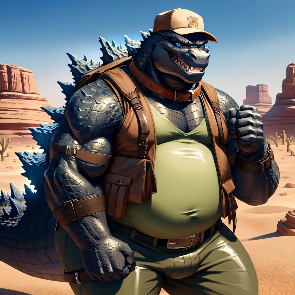 Male, fat, extremely obese, Godzilla, blue eyes, (posing:1.3), (soft shading), 4k, hi res, ((detailed face, detailed)), looking at viewer, evil grin, desert, cactus, shirt, hat, male focus, Explorer Outfit, glasses, pants, bag, vest, backpack, sleeves rolled up, round eyewear, brown headwear, brown vest, Godzilla is wearing a glossy leather dog collar around the neck, Godzilla is wearing the leather collar and shirt and vest at the same time, Godzilla is wearing glossy white rubber gloves on the hands, gloves are rubber in texture, clenching teeth, clenching fists, leather collar is glossy and shiny with a lot of detail.