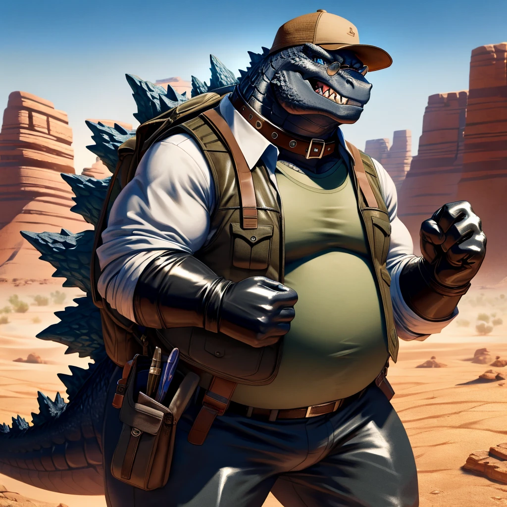 Male, fat, extremely obese, Godzilla, blue eyes, (posing:1.3), (soft shading), 4k, hi res, ((detailed face, detailed)), looking at viewer, evil grin, desert, cactus, shirt, hat, male focus, Explorer Outfit, glasses, pants, bag, vest, backpack, sleeves rolled up, round eyewear, brown headwear, brown vest, Godzilla is wearing a glossy leather dog collar around the neck, Godzilla is wearing the leather collar and shirt and vest at the same time, Godzilla is wearing glossy white rubber gloves on the hands, gloves are rubber in texture, clenching teeth, clenching fists, leather collar is glossy and shiny with a lot of detail.
