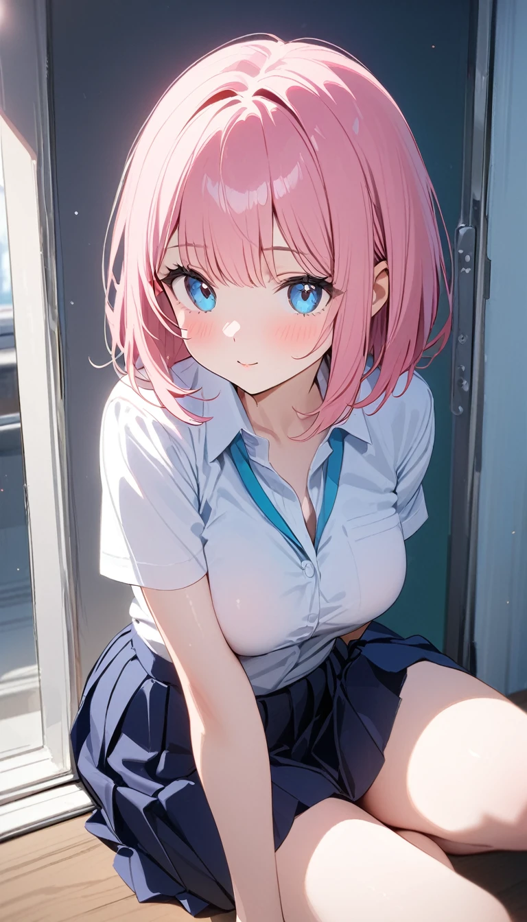 (1 girl),(Best Picture Quality, 8K, Masterpiece:1.3), (high school student:1.5), (pink lob hair:1.1), [mintgreen hair:0.1], (bob cut), (cute skyblue eyes), ((school uniform, white short simple sleeve shirt, darkblue skirt)), (super clear:1.5), (glistening skin:1.1),(pale skin:1.2), (standard weight), (medium breasts), close up