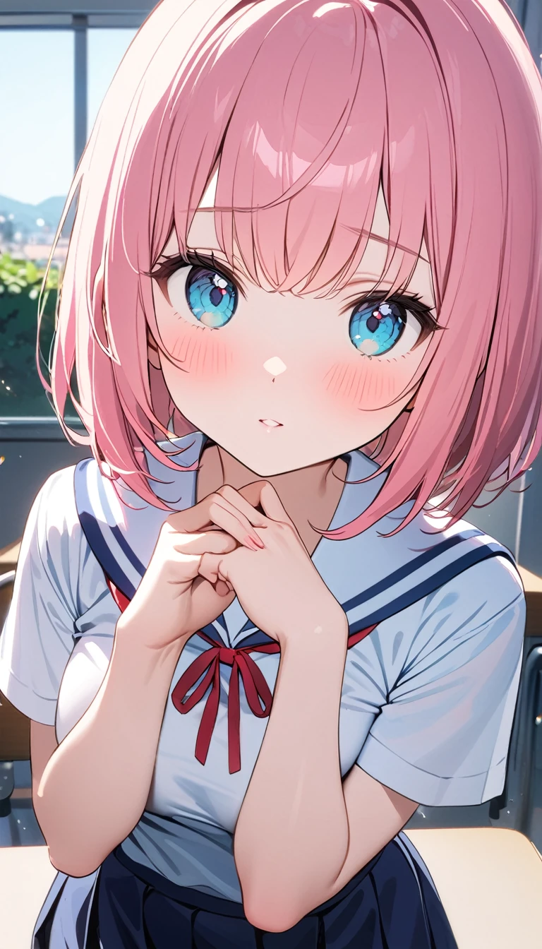 (1 girl),(Best Picture Quality, 8K, Masterpiece:1.3), (high school student:1.5), (pink lob hair:1.1), [mintgreen hair:0.1], (bob cut), (cute skyblue eyes), ((school uniform, white short simple sleeve shirt, darkblue skirt)), (super clear:1.5), (glistening skin:1.1),(pale skin:1.2), (standard weight), (medium breasts), close up