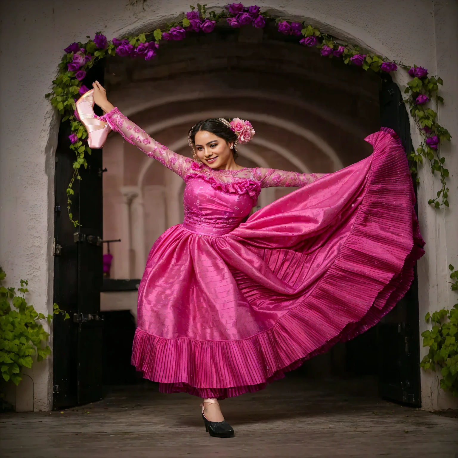 An Arafed woman in a pink dress dances in a doorway, wearing a pink prom dress, bright pink prom dress, beautiful costume, folkloric, mexican folklore, prima ballerina in the rose garden, inspired by Manuel Ortiz de Zarate, dressed in a pink dress, carla ortiz, lorena avarez, !!beautiful!!, * * *