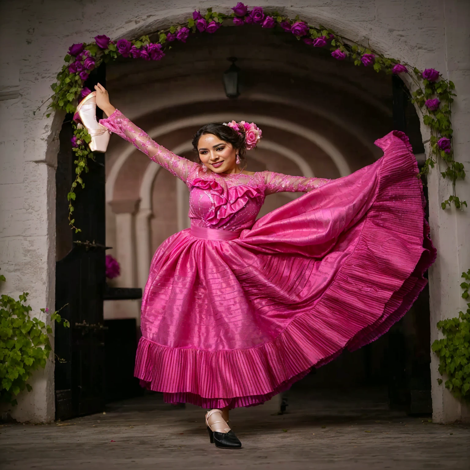 An Arafed woman in a pink dress dances in a doorway, wearing a pink prom dress, bright pink prom dress, beautiful costume, folkloric, mexican folklore, prima ballerina in the rose garden, inspired by Manuel Ortiz de Zarate, dressed in a pink dress, carla ortiz, lorena avarez, !!beautiful!!, * * *