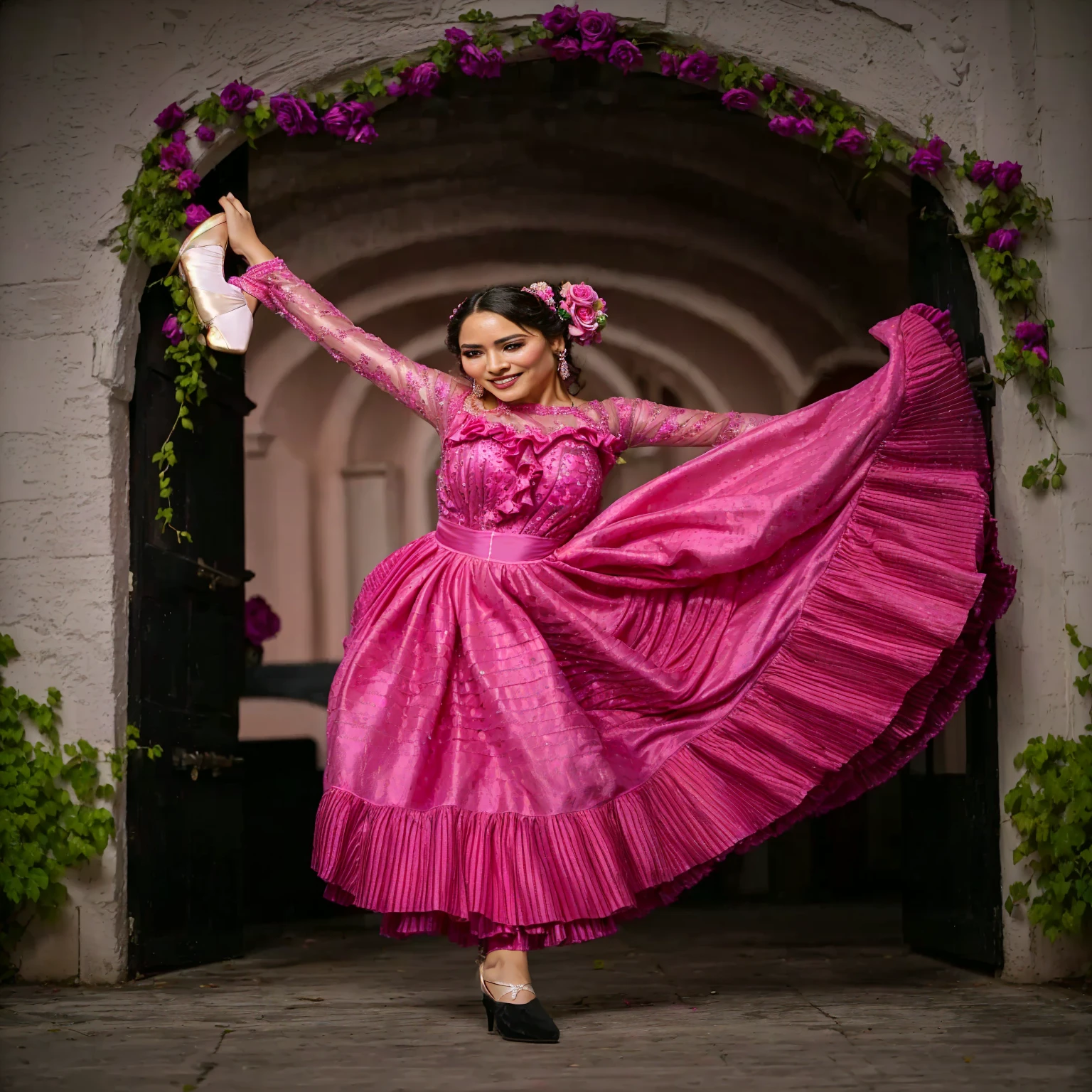 An Arafed woman in a pink dress dances in a doorway, wearing a pink prom dress, bright pink prom dress, beautiful costume, folkloric, mexican folklore, prima ballerina in the rose garden, inspired by Manuel Ortiz de Zarate, dressed in a pink dress, carla ortiz, lorena avarez, !!beautiful!!, * * *