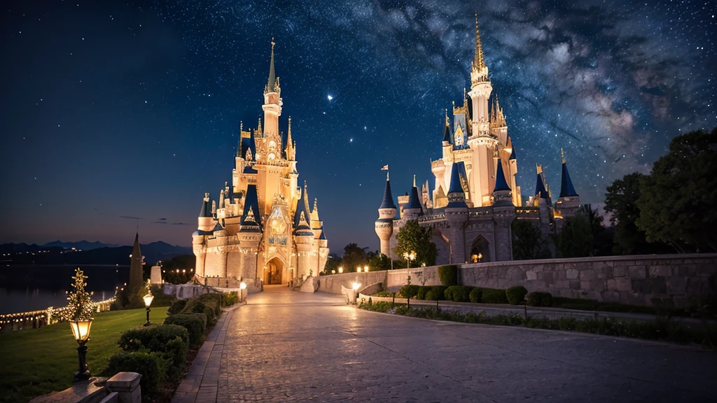 Highest quality,Fantastic landscape、Cinderella Castle、night、Starry Sky、moon