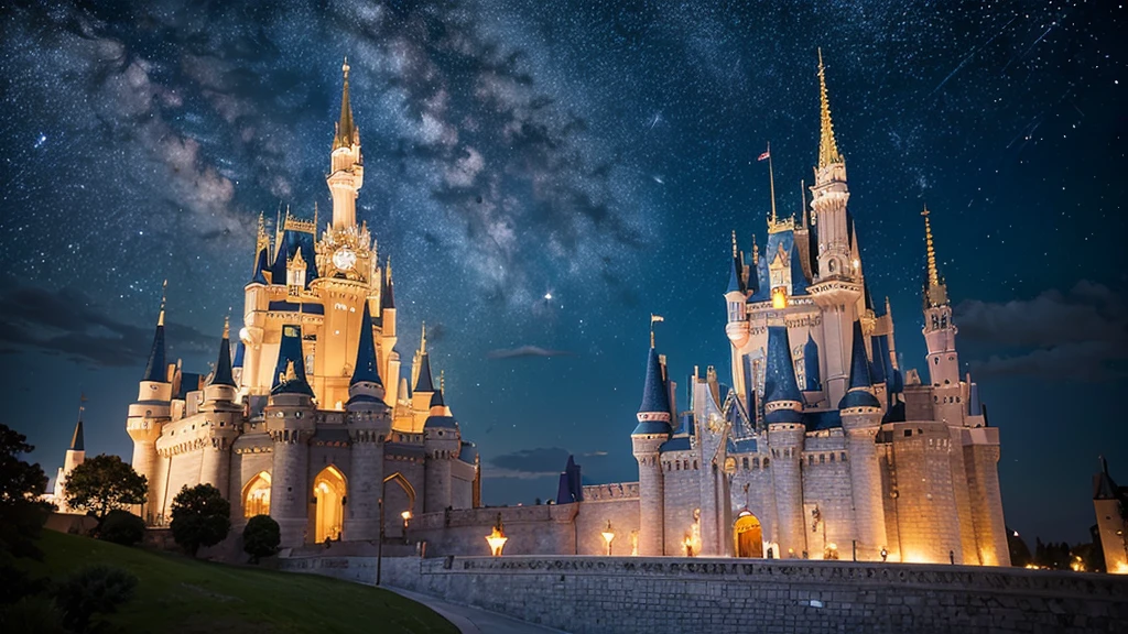 Highest quality,Fantastic landscape、Cinderella Castle、night、Starry Sky、moon